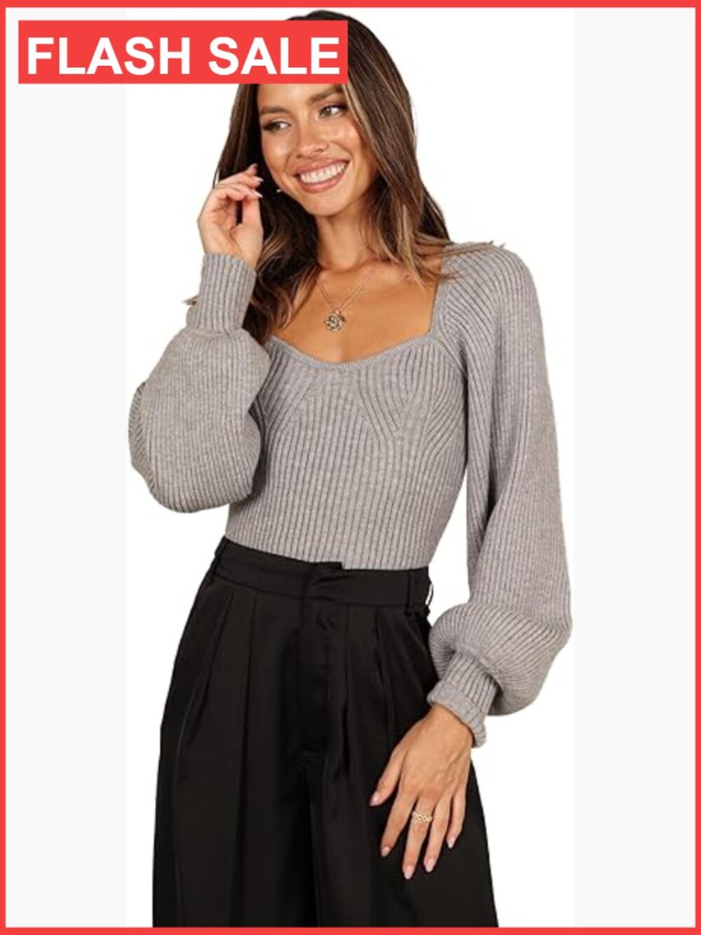 Sweetheart Neck Bell Sleeve Knit Sweater Cropped Pullover
